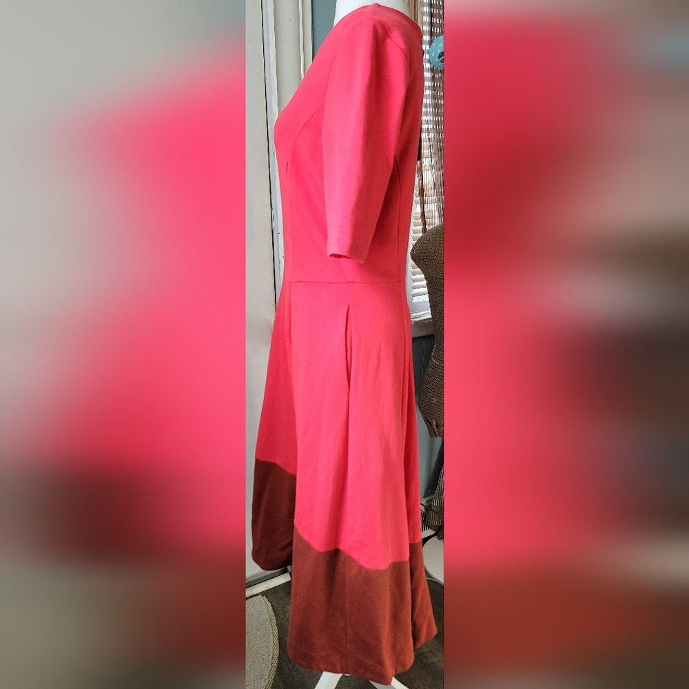 Boden Wren Ponte Jersey Knit Midi Dress Womens 8 Pop Peony & Brown High-Low Heam - Picture 4 of 14